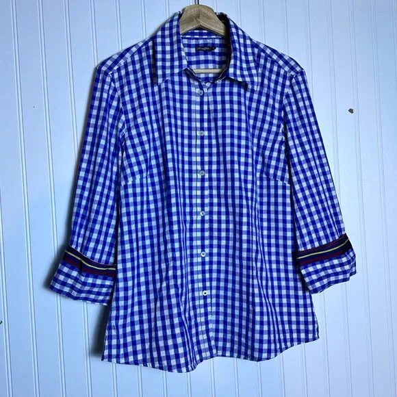 J. McLaughlin Women 12 Check Plaid White Blue Button Down Cotton Casual Shirt - Picture 4 of 8